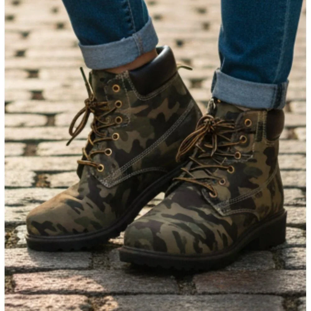 Camouflage Lace-Up Combat Boots With Padded Collar & Rugged Soles For Outdoor We - Picture 4 of 9